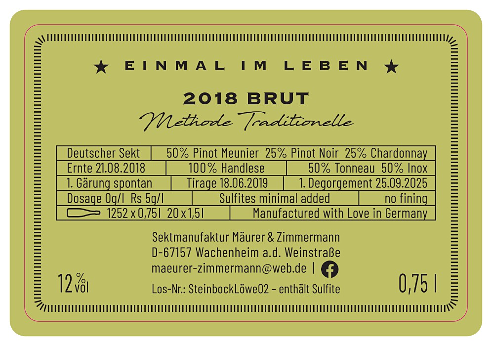 2018 Einmal im Leben Sektmanufaktur Mäurer & Zimmermann / Weingut Gerhard Mäurer GdbR / Dackenheim in der Pfalz | © Weingut Gerhard Mäurer GdbR