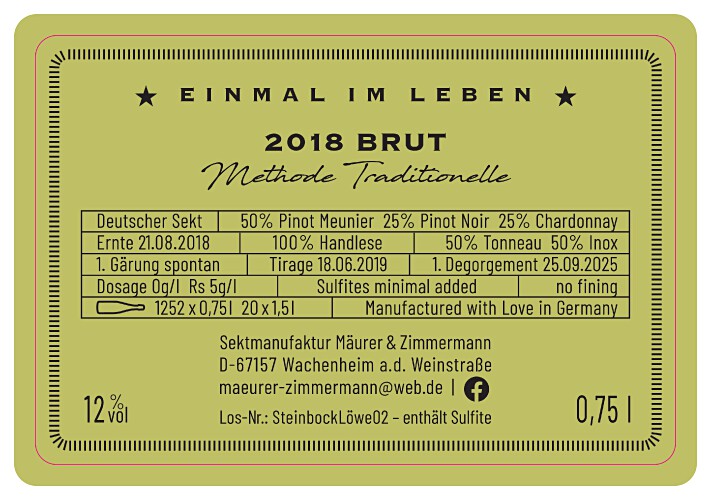 2018 Einmal im Leben Sektmanufaktur Mäurer & Zimmermann / Weingut Gerhard Mäurer GdbR / Dackenheim in der Pfalz | © Weingut Gerhard Mäurer GdbR