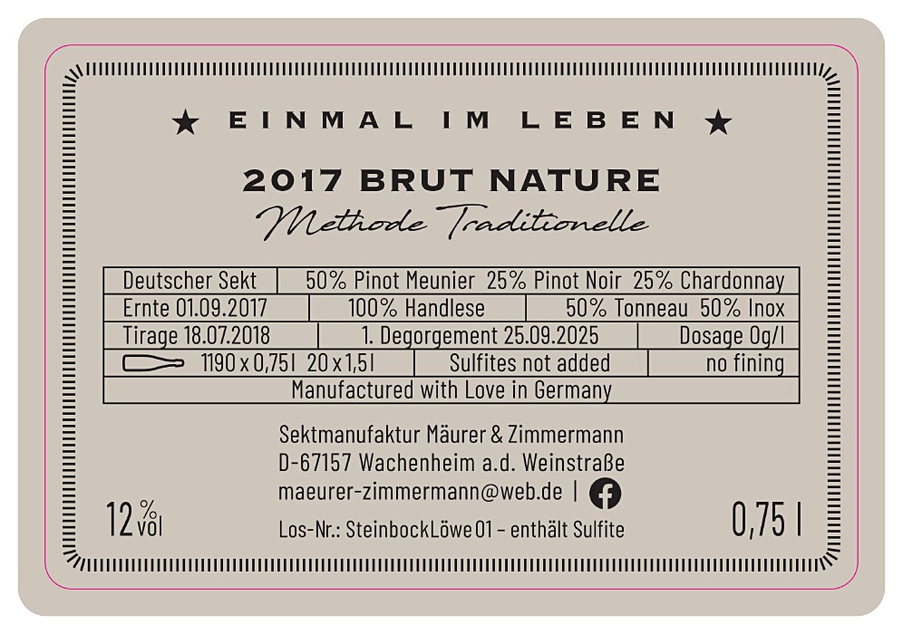 2017 Einmal im Leben Sektmanufaktur Mäurer & Zimmermann / Weingut Gerhard Mäurer GdbR / Dackenheim in der Pfalz | © Weingut Gerhard Mäurer GdbR